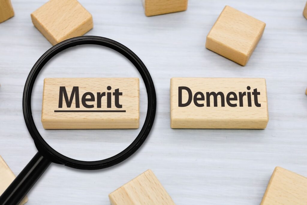 Merit・Demeritと書かれた積み木と虫眼鏡