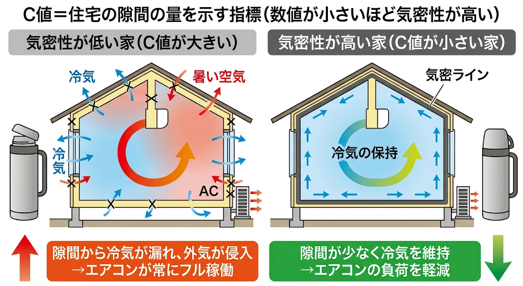 魔法瓶の例えを用い、隙間の有無による住宅の気密性（C値）の違いとエアコン負荷を比較した図解。