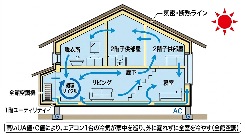 全館空調の仕組み。エアコン1台で冷気が家全体を循環し、UA値・C値が高いことで家中を冷やす。