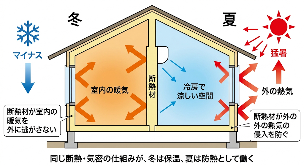 冬と夏の断熱・気密効果を比較した住宅断面の概念図。冬は暖気を保持し、夏は熱気の侵入を防ぐ仕組みを示す。