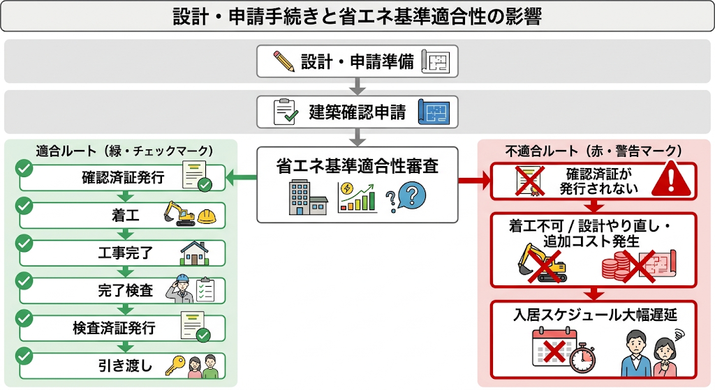 省エネ基準適合審査の分岐フロー図。適合なら引き渡しへ、不適合なら着工不可でやり直しと遅延が発生。