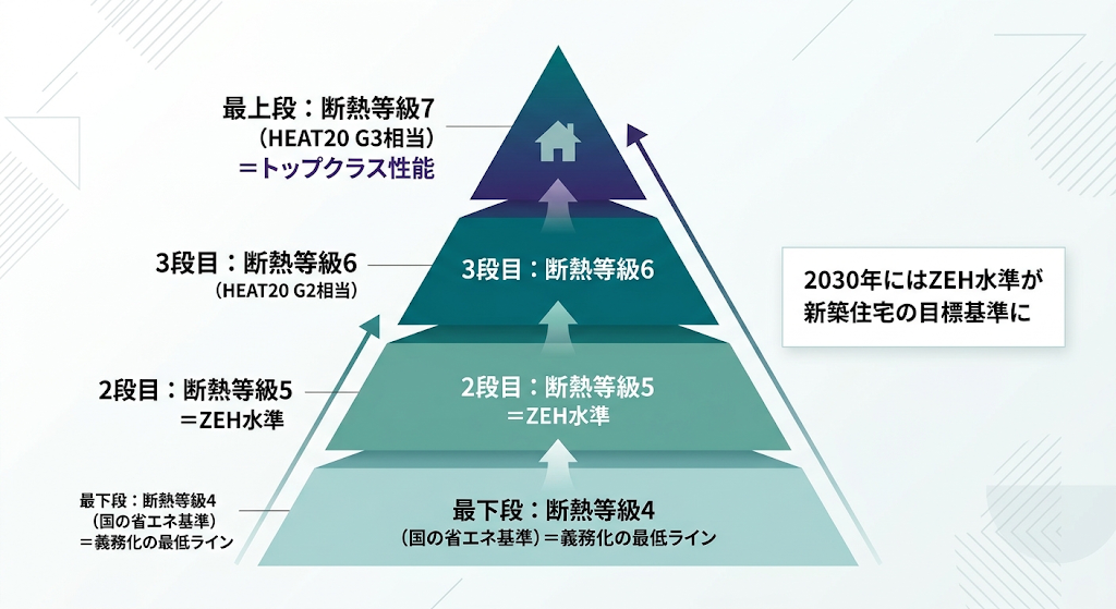 日本の断熱等級の階層図。下から国の省エネ基準、ZEH、HEAT20 G2、G3と性能が上がるピラミッド。