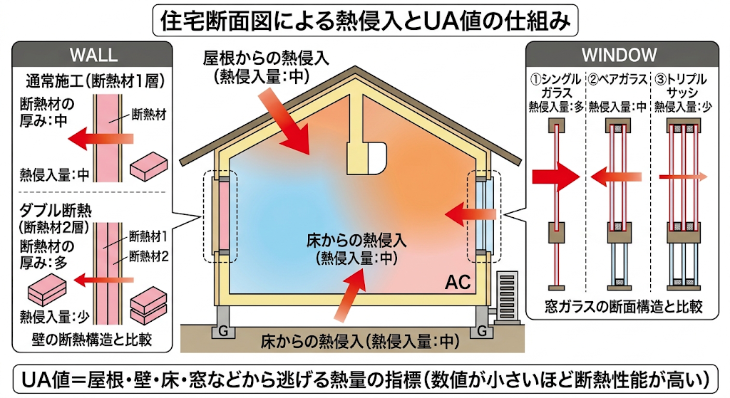 住宅の断面図を用いて、屋根、壁、床、窓からの熱侵入の仕組みと、断熱材の種類、窓ガラスの構造、そしてUA値の関係を視覚的に解説した図。