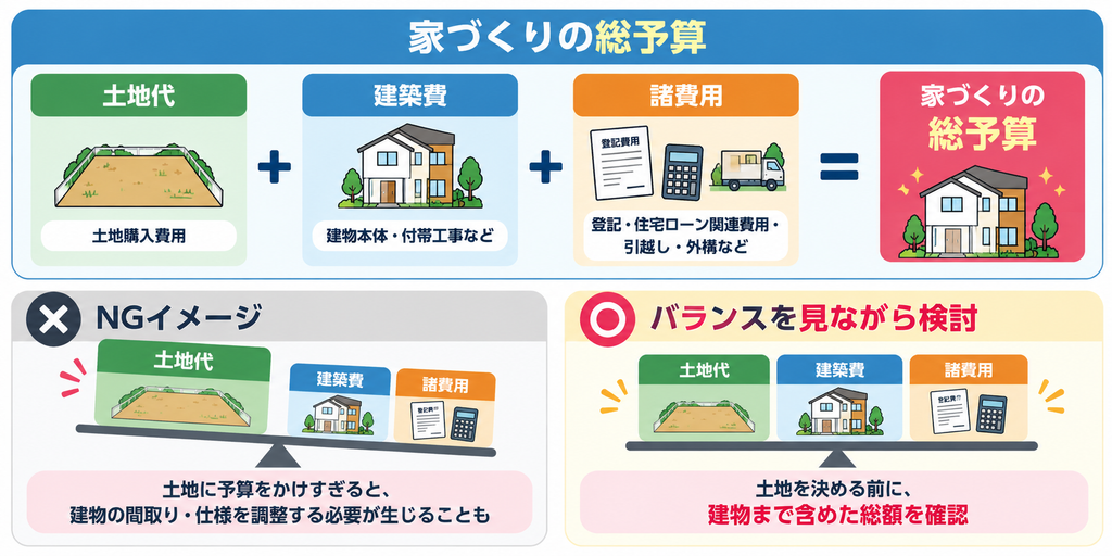 家づくりの総予算は「土地代＋建築費＋諸費用」で構成され、土地代だけで判断せず全体のバランスを確認する重要性を示した図解。