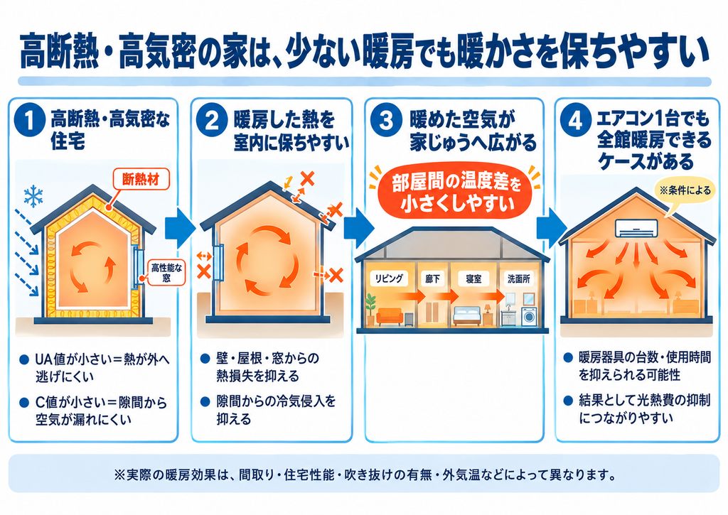 高断熱・高気密住宅では、断熱性・気密性によって熱が逃げにくくなり、暖めた空気が家全体に広がることで、条件によっては少ない暖房設備でも室温を保ちやすくなる流れを示した4ステップの図解。